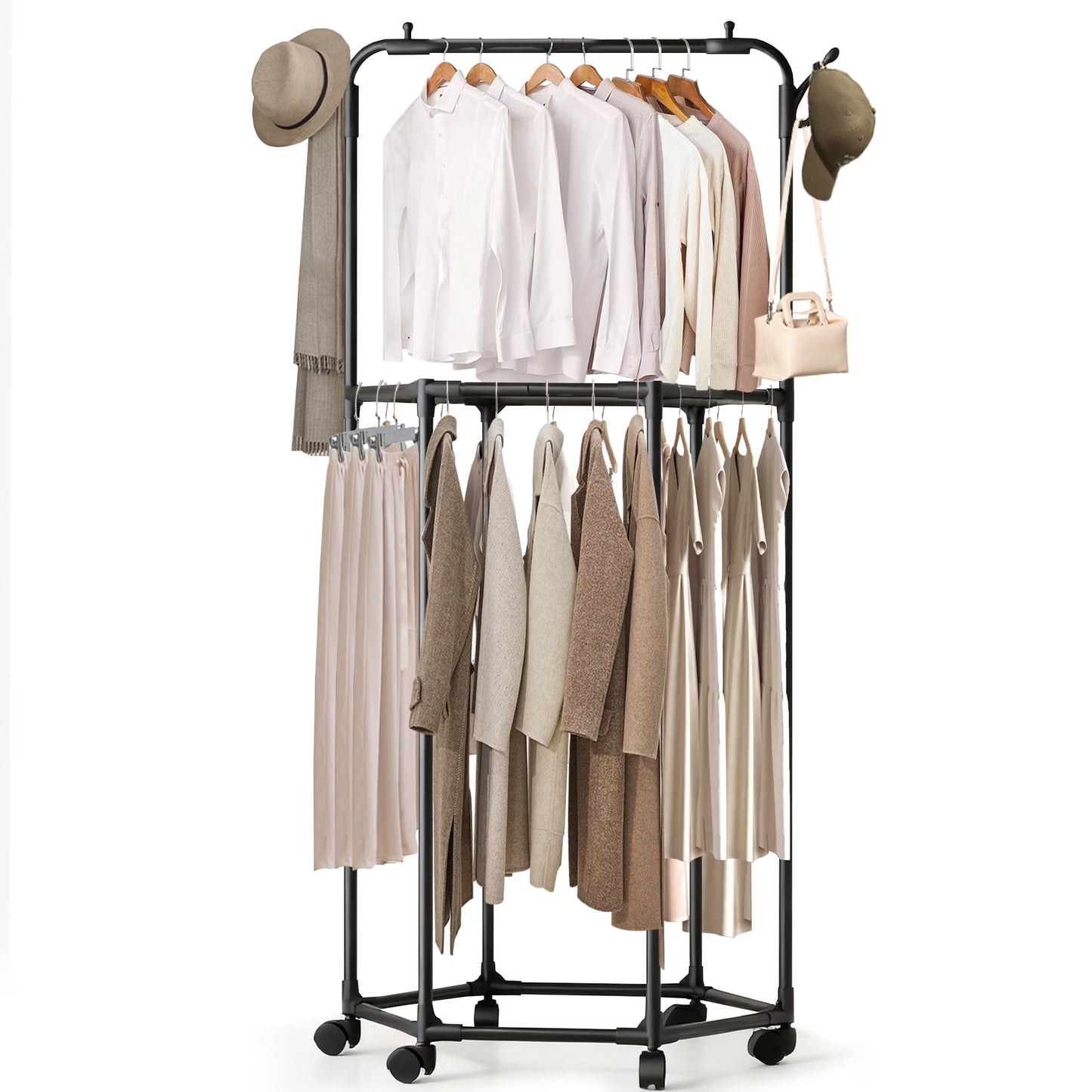 Double-Layer Rolling Garment Rack with Wheels & Hat Hooks – Rotating Clothes Organizer for Bedroom & Closet - Cloths Stand