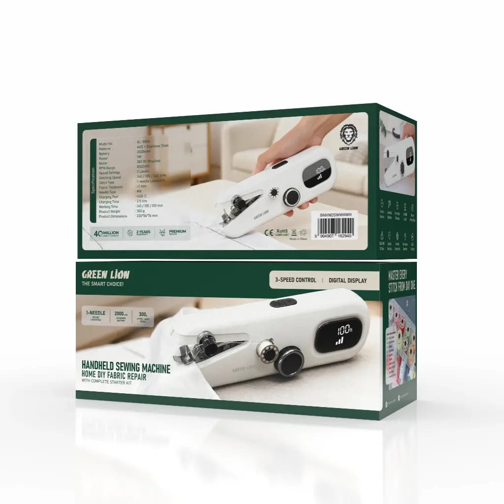 Green Lion Handheld Sewing Machine – Portable Electric Stitch Repair Machine with Digital Display & 3-Speed Control