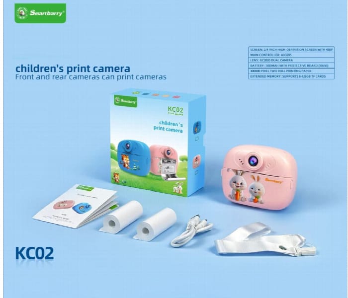 Smartberry KC02 Children's Instant Print Camera – HD Digital Camera with Thermal Printing, Selfie, Video Recording & Rechargeable Battery for Kids