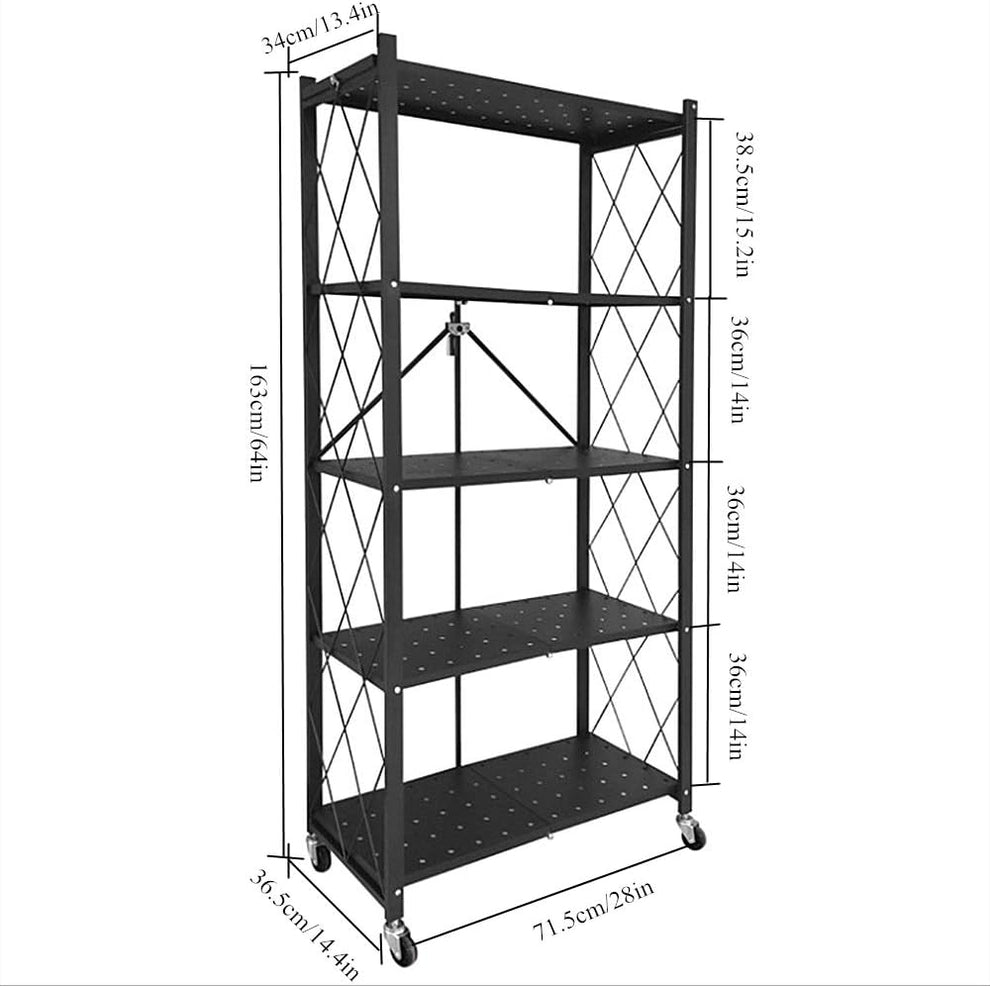 5-Tier Heavy Duty Foldable Storage Rack with Lockable Wheels – Pre-Assembled Metal Shelving Unit for Kitchen, Garage & Home