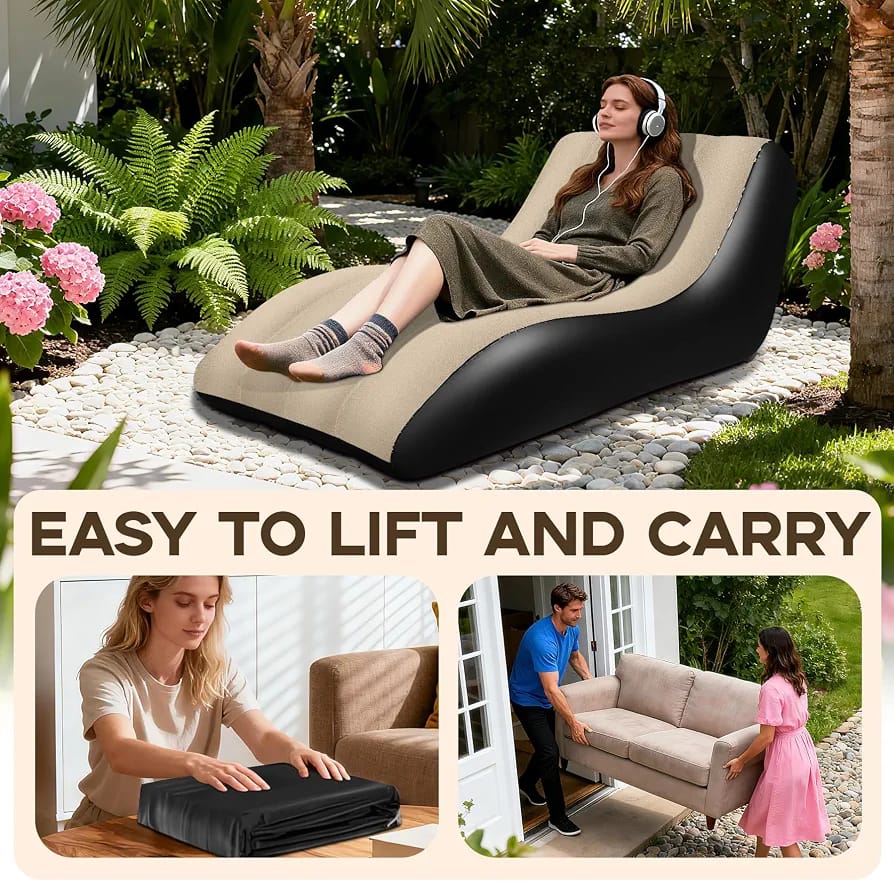 Inflatable Lounge Chair 155cm – Flocked Wave Sofa with Air Pump, Skin-Friendly PVC Indoor/Outdoor