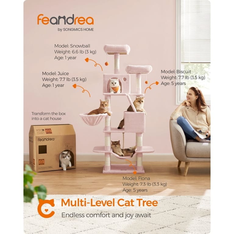 Luxury Pink Cat Tree Tower 206cm – Multi-Level Cat Condo with Hammock, Cave & Scratching Posts