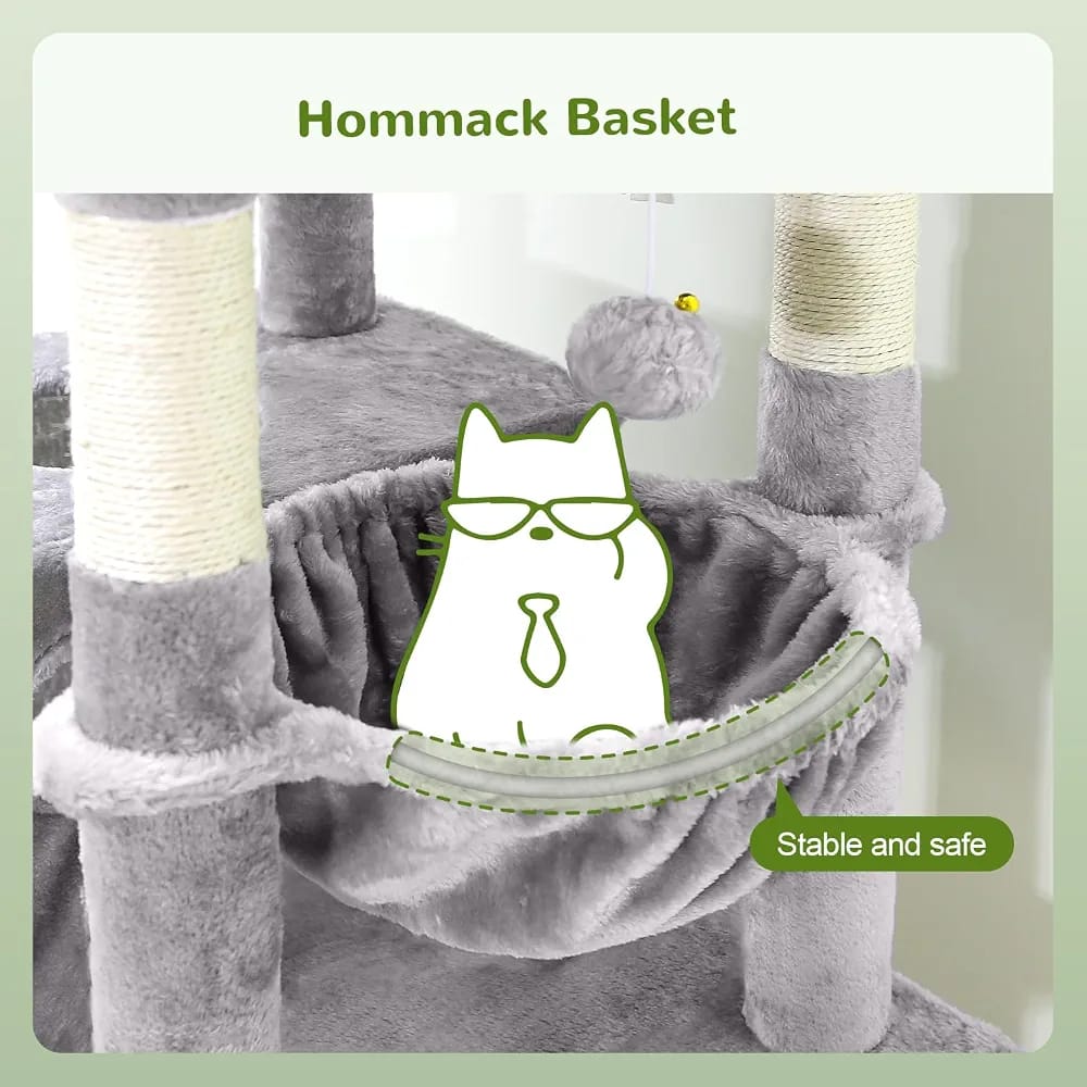 Grey Cat Tree Tower 182cm – Multi-Level Cat Condo with 2 Caves, Hammock & Scratching Posts