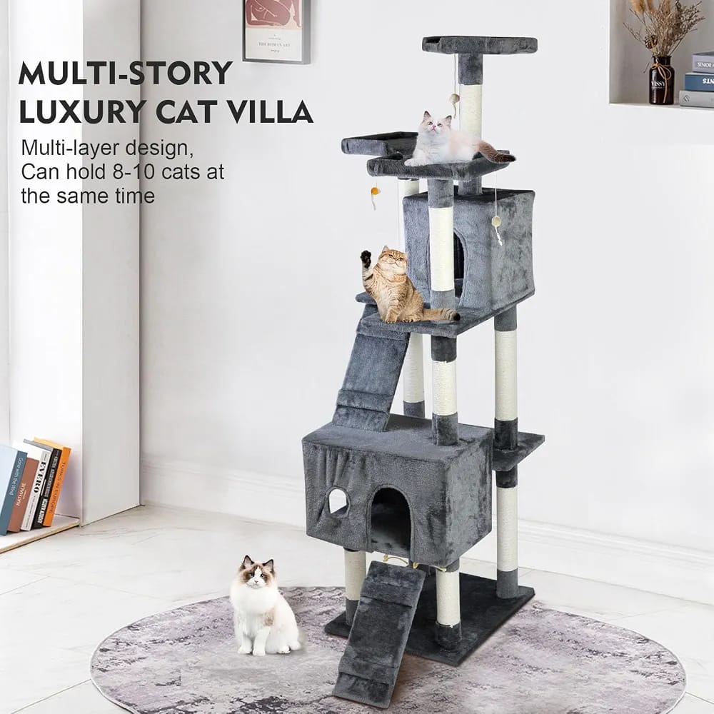 Grey Cat Tree Tower 170cm – Multi-Level Cat Condo with 2 Caves, Ramp & Scratching Posts