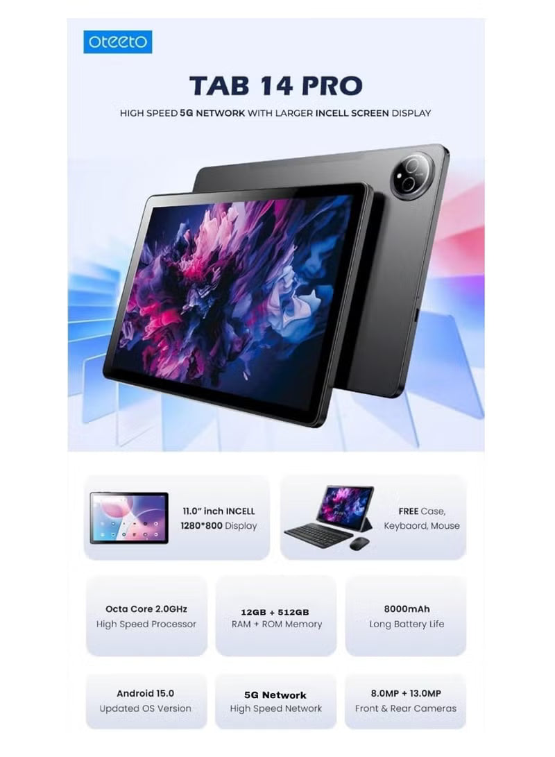 Oteeto Tab 14 Pro Stylus 10.1" Android Tablet – 8GB RAM, 256GB Storage, Stylus Pen, Dual SIM