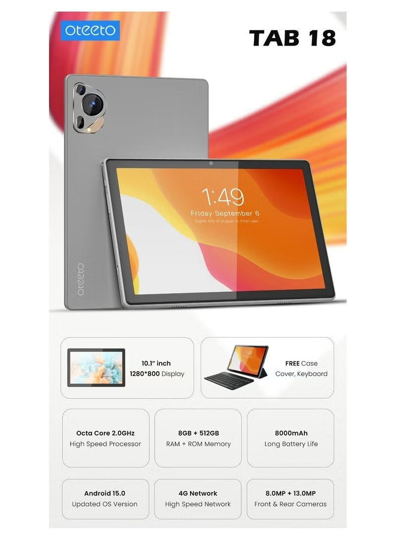 Oteeto Tab 18 10.1" Android Tablet – 8GB RAM, 512GB Storage, Dual SIM, 8000mAh Battery
