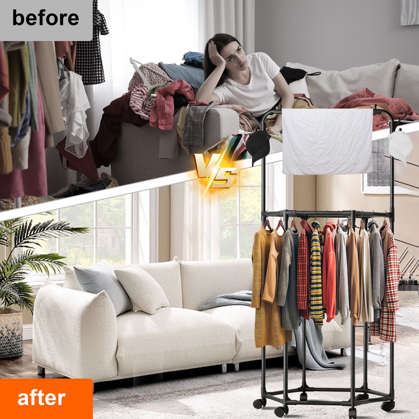 Double-Layer Rolling Garment Rack with Wheels & Hat Hooks – Rotating Clothes Organizer for Bedroom & Closet - Cloths Stand