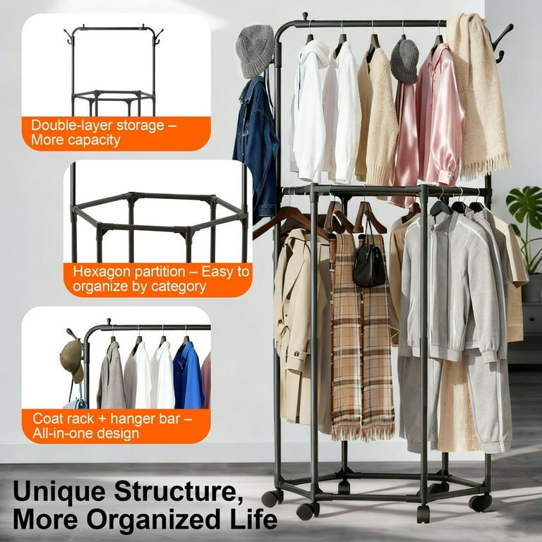 Double-Layer Rolling Garment Rack with Wheels & Hat Hooks – Rotating Clothes Organizer for Bedroom & Closet - Cloths Stand