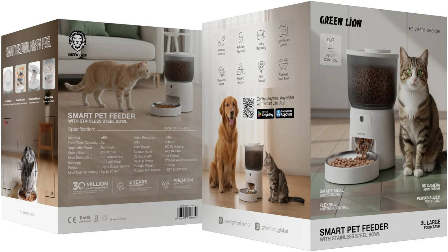 Green Lion Smart Pet Feeder with Camera | 3L Tank, 720p Video, 1–10 Meals/Day Scheduling | Stainless Steel Bowl — Cats & Dogs