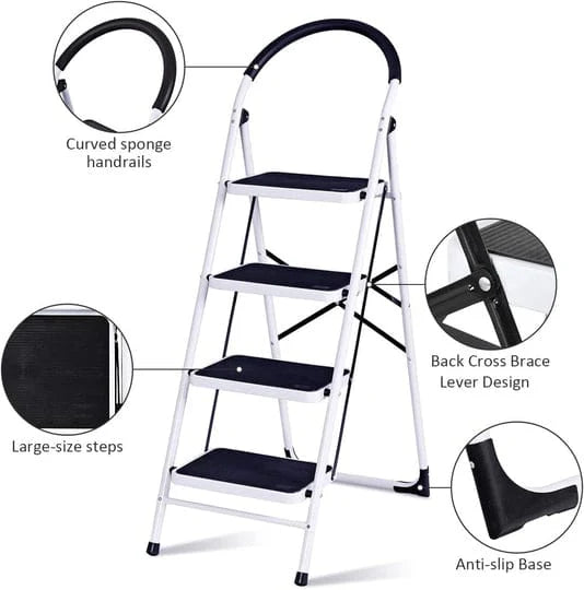 Heavy Duty 4-Step Folding Ladder with Safety Handle & Anti-Slip Wide Steps – Portable Steel Step Stool for Home, Kitchen & Office