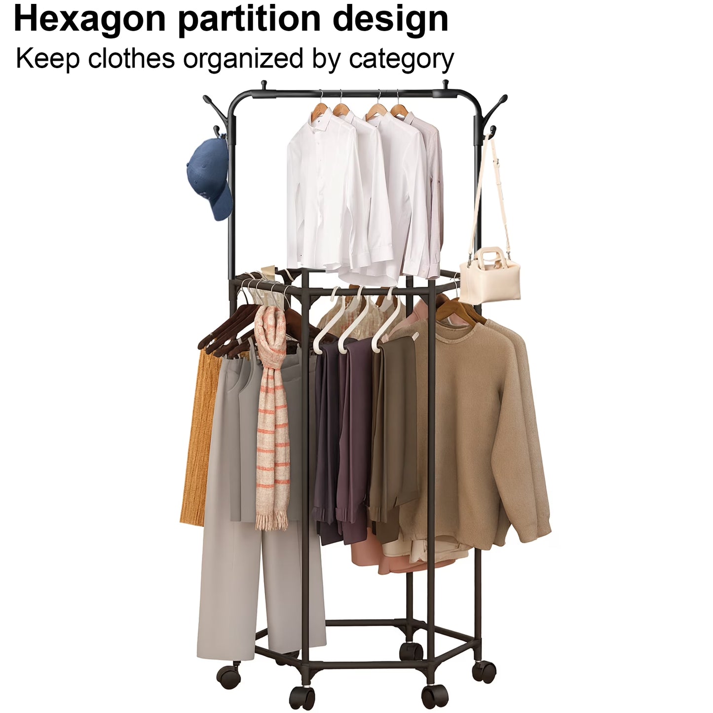 Double-Layer Rolling Garment Rack with Wheels & Hat Hooks – Rotating Clothes Organizer for Bedroom & Closet - Cloths Stand