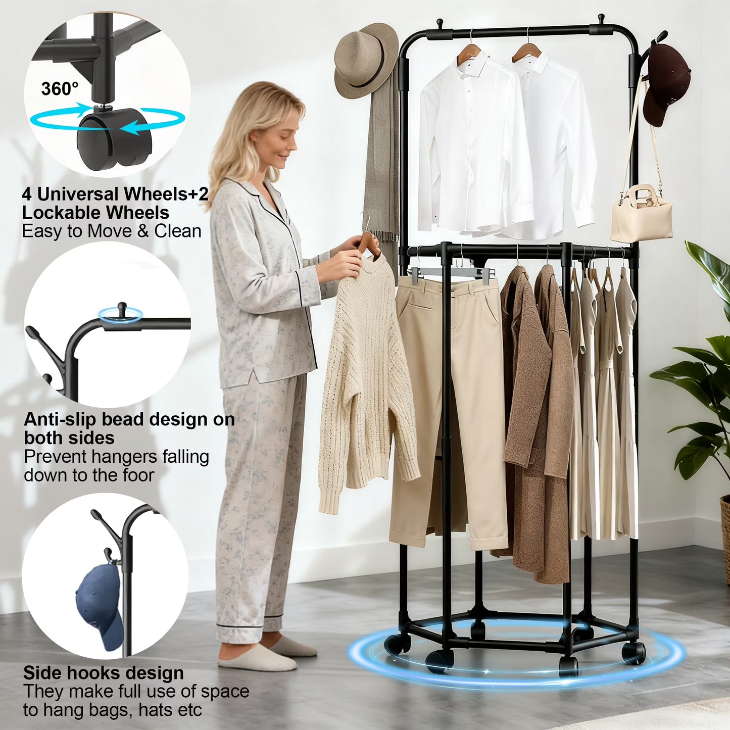 Double-Layer Rolling Garment Rack with Wheels & Hat Hooks – Rotating Clothes Organizer for Bedroom & Closet - Cloths Stand