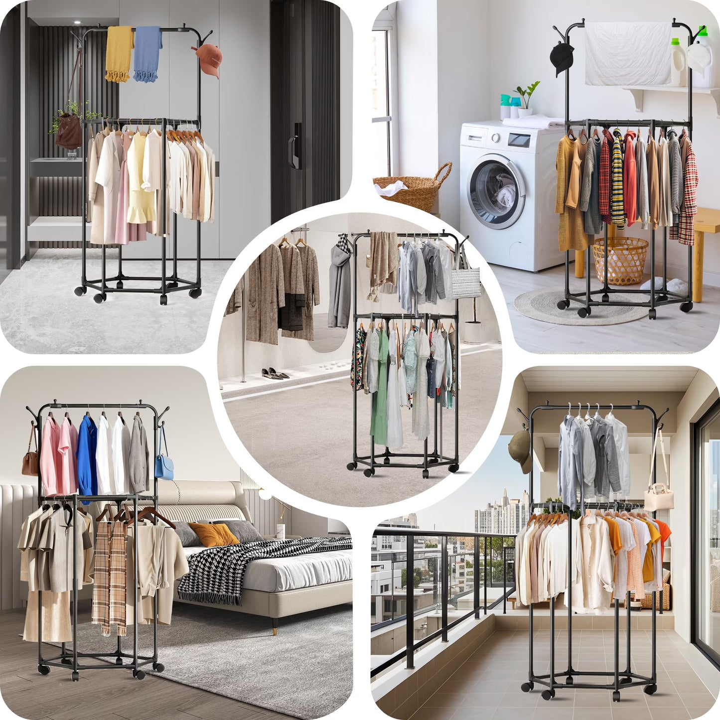 Double-Layer Rolling Garment Rack with Wheels & Hat Hooks – Rotating Clothes Organizer for Bedroom & Closet - Cloths Stand