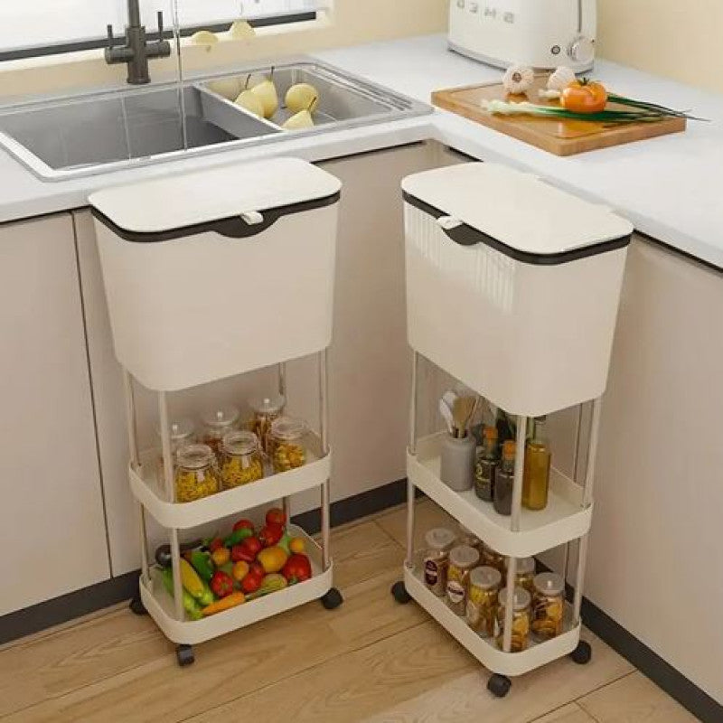 Non Bending Garbage Bin Storage Rack I Slim Rolling Kitchen Storage Cart with Lid – 3 Tier Space Saving Organizer Rack with Wheels for Kitchen, Bathroom & Laundry Room