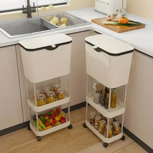 Non Bending Garbage Bin Storage Rack I Slim Rolling Kitchen Storage Cart with Lid – 3 Tier Space Saving Organizer Rack with Wheels for Kitchen, Bathroom & Laundry Room