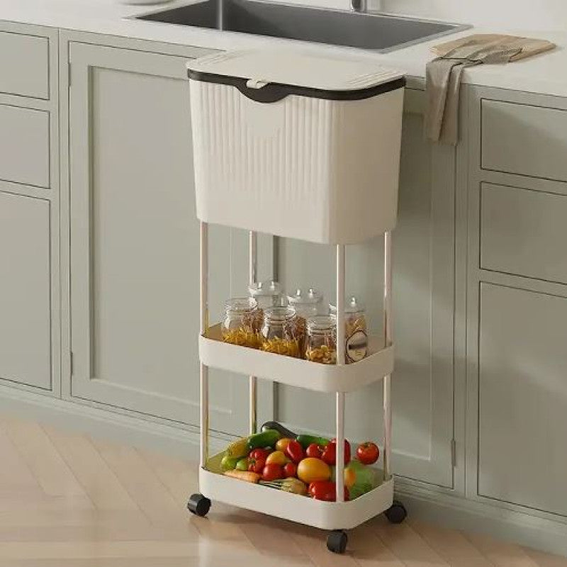 Non Bending Garbage Bin Storage Rack I Slim Rolling Kitchen Storage Cart with Lid – 3 Tier Space Saving Organizer Rack with Wheels for Kitchen, Bathroom & Laundry Room