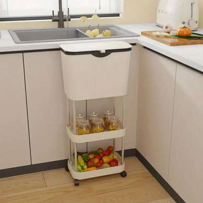 Non Bending Garbage Bin Storage Rack I Slim Rolling Kitchen Storage Cart with Lid – 3 Tier Space Saving Organizer Rack with Wheels for Kitchen, Bathroom & Laundry Room
