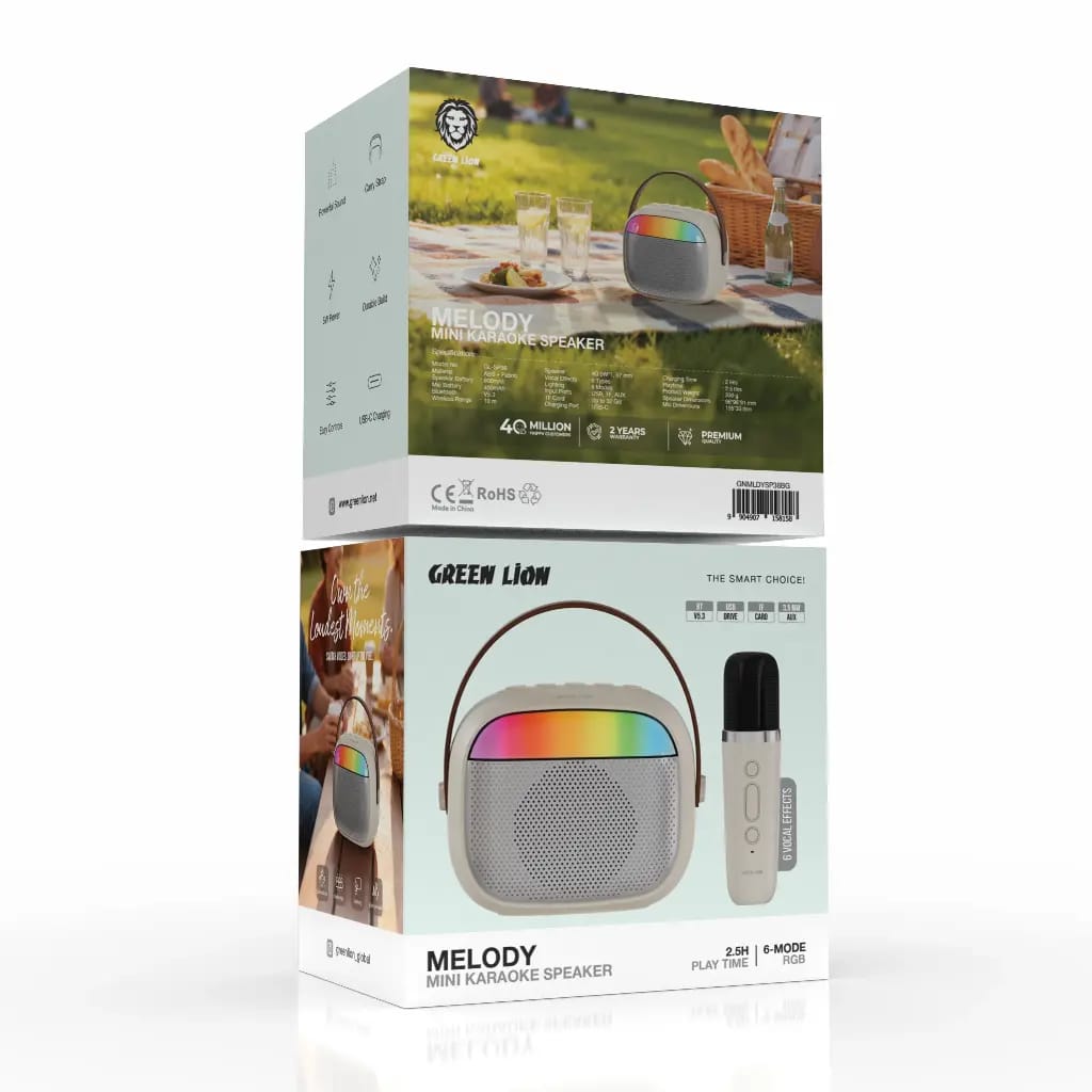 Green Lion Melody Mini Karaoke Speaker with Wireless Microphone – Portable Bluetooth RGB Karaoke System for Kids & Family Fun