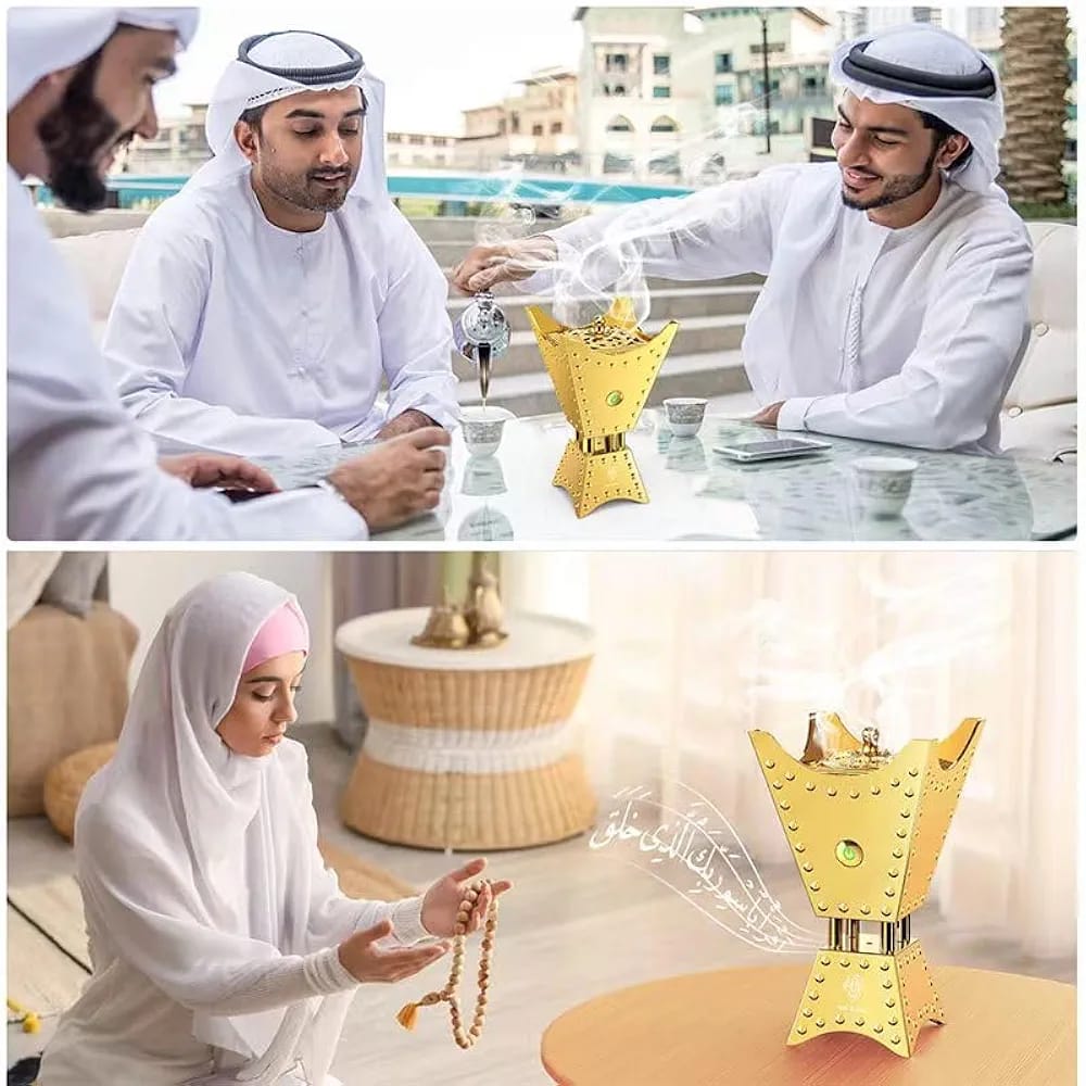 Electric Bakhoor Burner with Full Holy Quran Audio – Portable Arabic Incense Burner with Remote Control & Mobile App Support | Golden Design