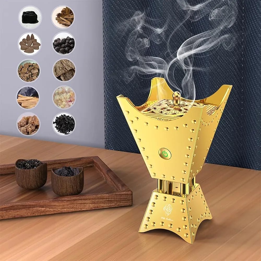 Electric Bakhoor Burner with Full Holy Quran Audio – Portable Arabic Incense Burner with Remote Control & Mobile App Support | Golden Design