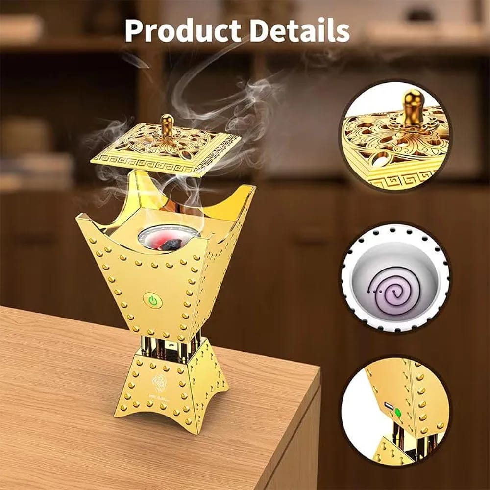Electric Bakhoor Burner with Full Holy Quran Audio – Portable Arabic Incense Burner with Remote Control & Mobile App Support | Golden Design