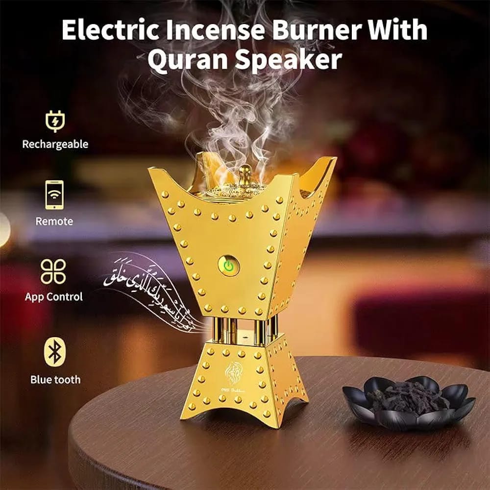 Electric Bakhoor Burner with Full Holy Quran Audio – Portable Arabic Incense Burner with Remote Control & Mobile App Support | Golden Design