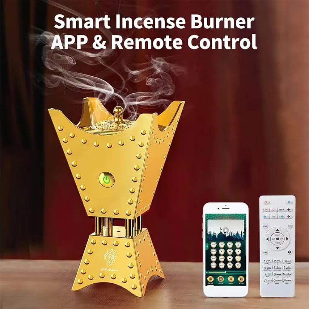 Electric Bakhoor Burner with Full Holy Quran Audio – Portable Arabic Incense Burner with Remote Control & Mobile App Support | Golden Design