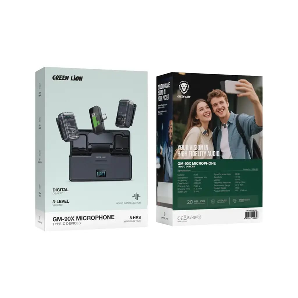 Green Lion GM-90X Wireless Lavalier Microphone for Type-C Devices – Dual Mic System with Noise Cancellation & Digital Display