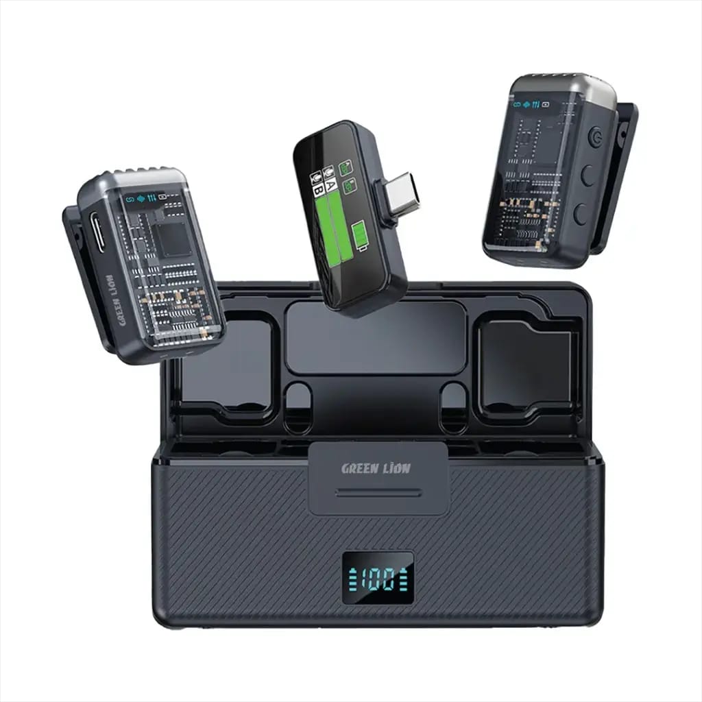 Green Lion GM-90X Wireless Lavalier Microphone for Type-C Devices – Dual Mic System with Noise Cancellation & Digital Display