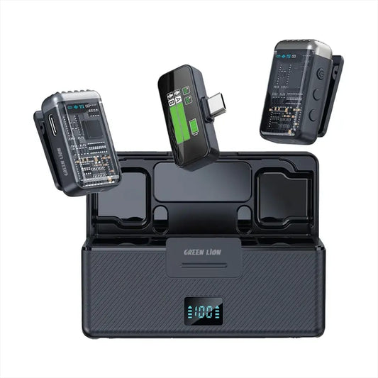 Green Lion GM-90X Wireless Lavalier Microphone for Type-C Devices – Dual Mic System with Noise Cancellation & Digital Display