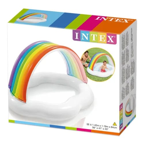 Intex Rainbow Inflatable Baby Pool Float with Sun Shade Canopy – Kids Water Lounge Chair with UV Protection | 142 x 119 x 84 cm