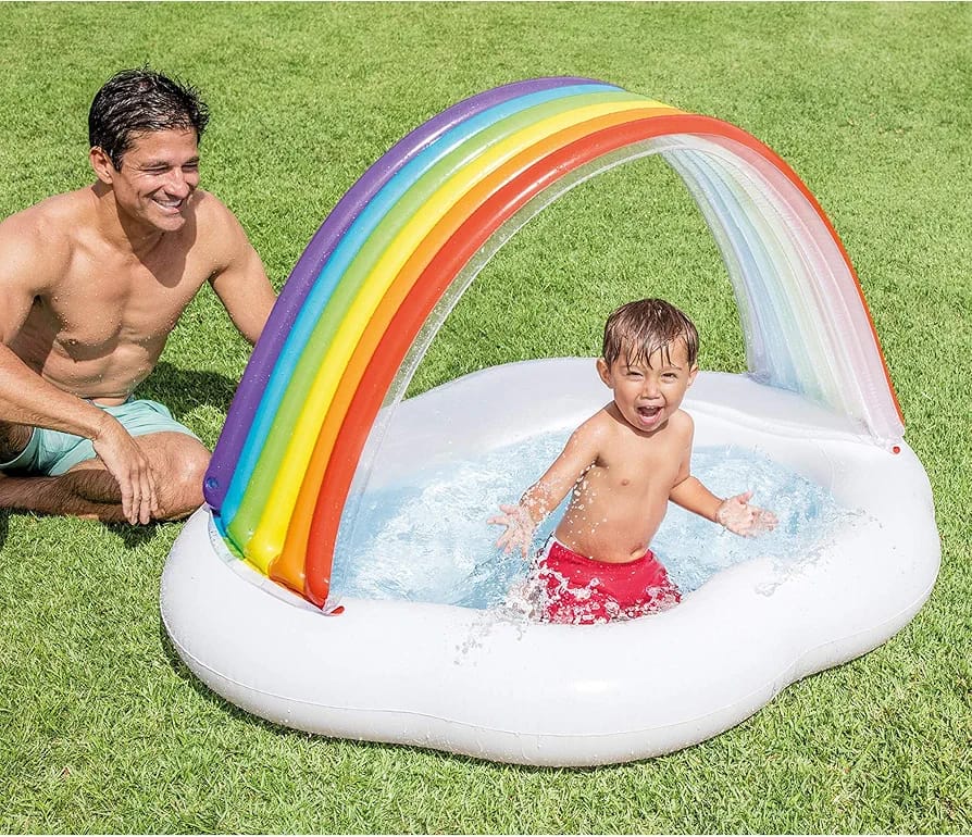 Intex Rainbow Inflatable Baby Pool Float with Sun Shade Canopy – Kids Water Lounge Chair with UV Protection | 142 x 119 x 84 cm