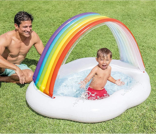 Intex Rainbow Inflatable Baby Pool Float with Sun Shade Canopy – Kids Water Lounge Chair with UV Protection | 142 x 119 x 84 cm