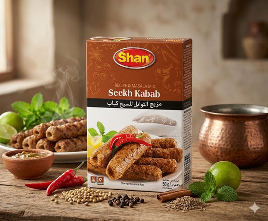 Shan Seekh Kabab Masala 50g – Authentic BBQ Spice Mix for Juicy & Flavorful Seekh Kebabs