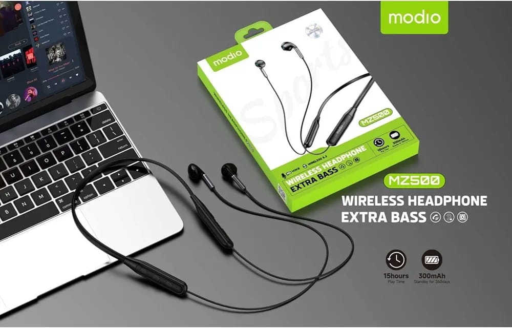 Modio MZ500 Wireless Bluetooth Neckband Headphones Extra Bass Earphones