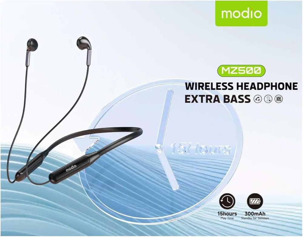 Modio MZ500 Wireless Bluetooth Neckband Headphones Extra Bass Earphones