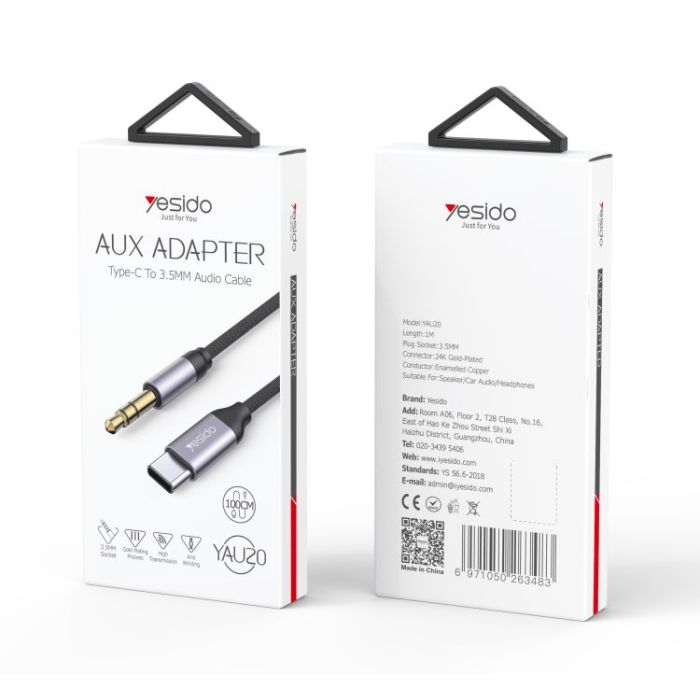 Yesido YAU20 USB-C to 3.5mm AUX Audio Adapter Cable – 100cm Type-C Headphone Jack Converter