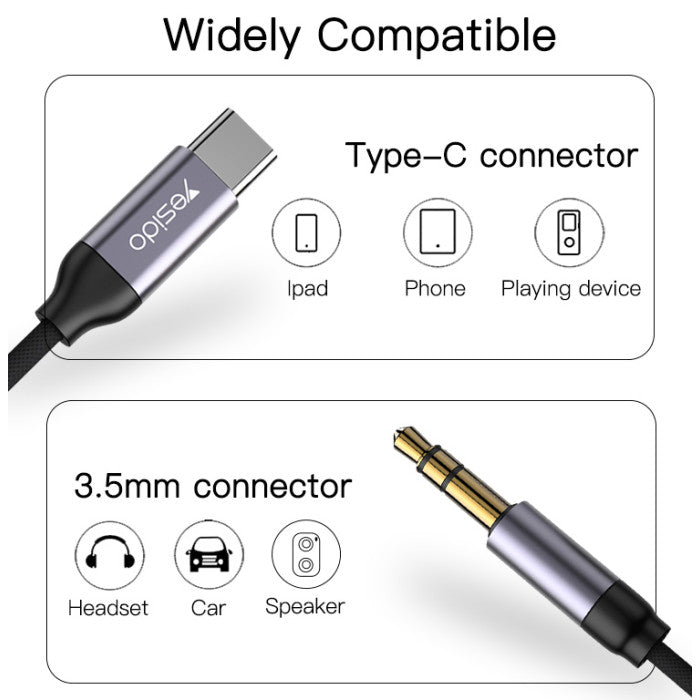 Yesido YAU20 USB-C to 3.5mm AUX Audio Adapter Cable – 100cm Type-C Headphone Jack Converter