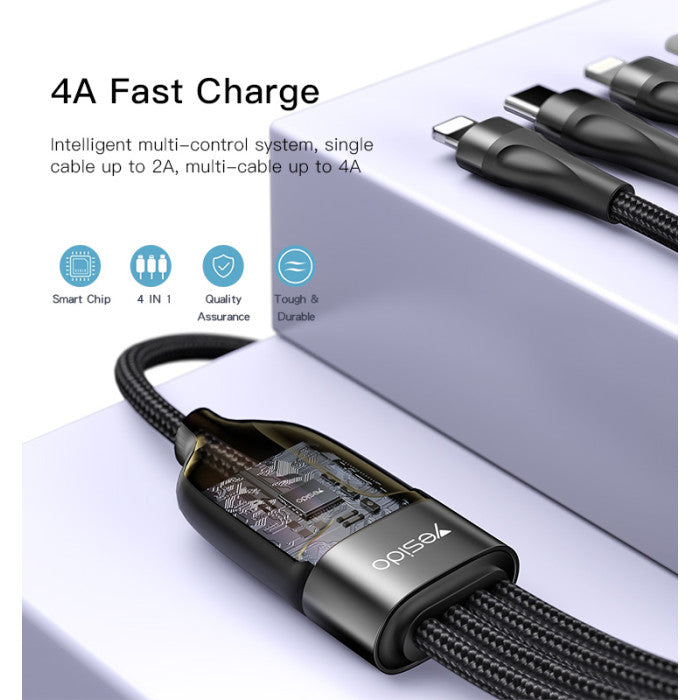 Yesido 4-in-1 Fast Charging Cable USB Multi Charger Cord for iPhone, Type-C & Micro USB