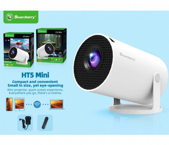 HT5 Mini Smart Projector with 5G WiFi & Bluetooth – Native HD Support, 4K Compatible Portable Home Theater