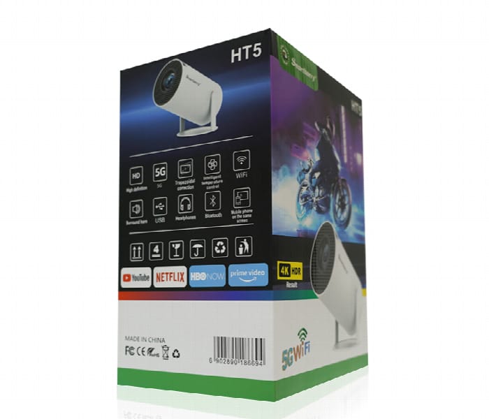 HT5 Mini Smart Projector with 5G WiFi & Bluetooth – Native HD Support, 4K Compatible Portable Home Theater