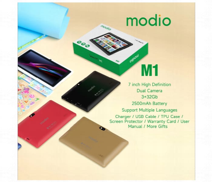Modio M1 7-Inch Android Tablet PC with WiFi – HD Display, Dual Camera & Long Battery Life