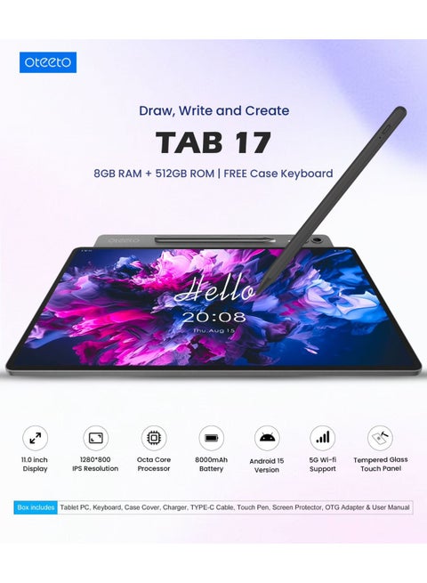 Oteeto Tab 17 Stylus 10.1" Android Tablet – 8GB RAM, 256GB Storage, Stylus Pen, Dual SIM