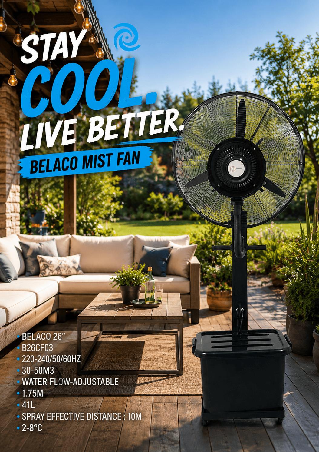 Belaco 26 Inch Outdoor Mist Fan B26CF03 – Adjustable Water Flow Cooling Fan with 41L Tank