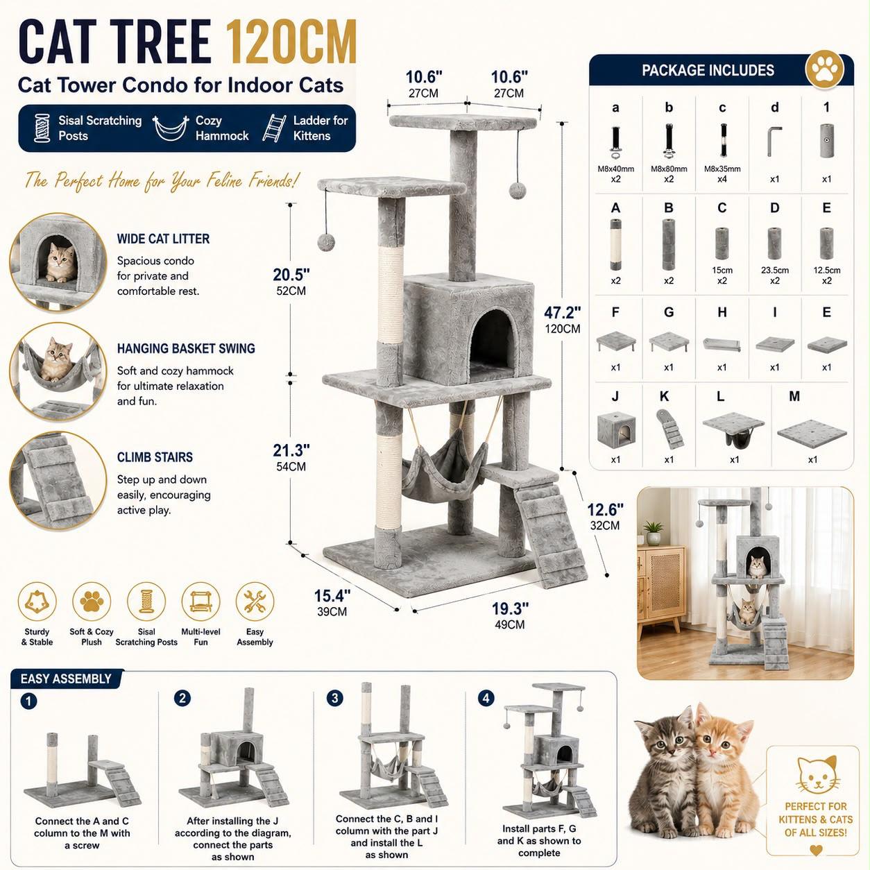 Cat Tree Tower Condo for Indoor Cats with Scratching Posts, Hammock, Ladder & Multi-Level Activity Center - 120cm
