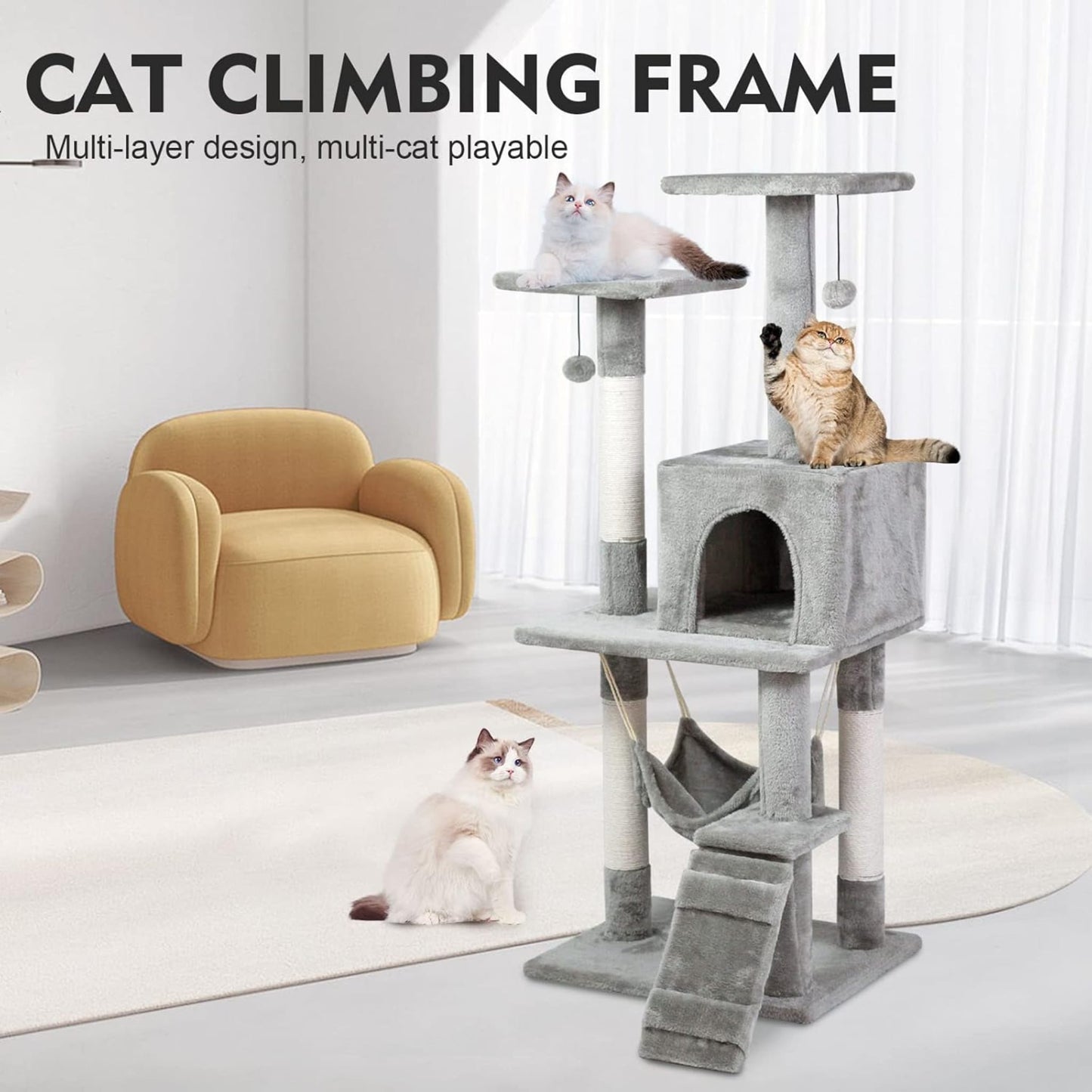 Cat Tree Tower Condo for Indoor Cats with Scratching Posts, Hammock, Ladder & Multi-Level Activity Center - 120cm
