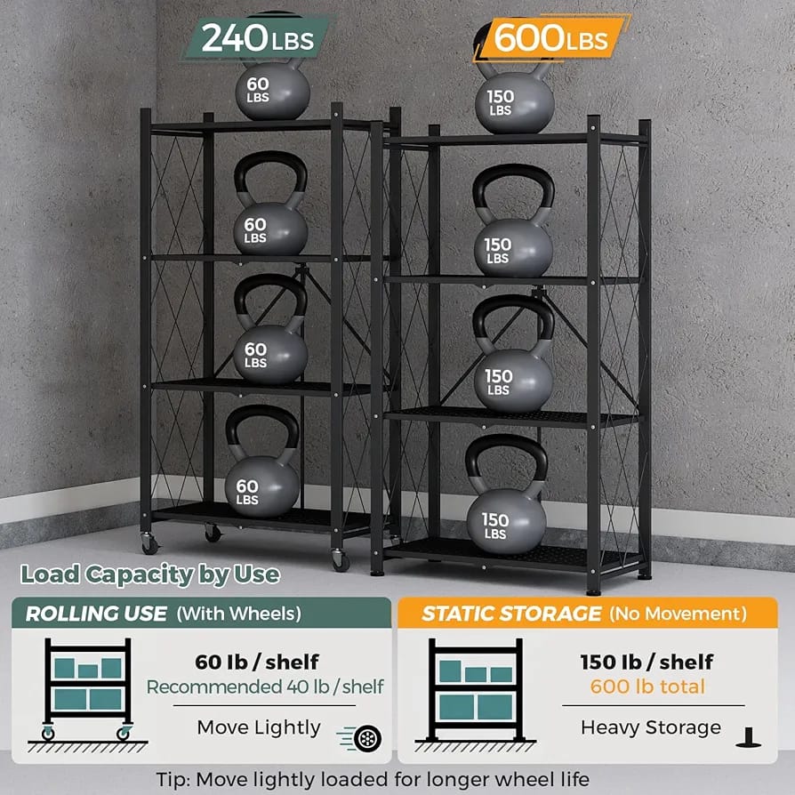 4-Tier Foldable Storage Rack with Wheels – Heavy Duty Metal Shelving Unit for Kitchen, Garage & Home Storage