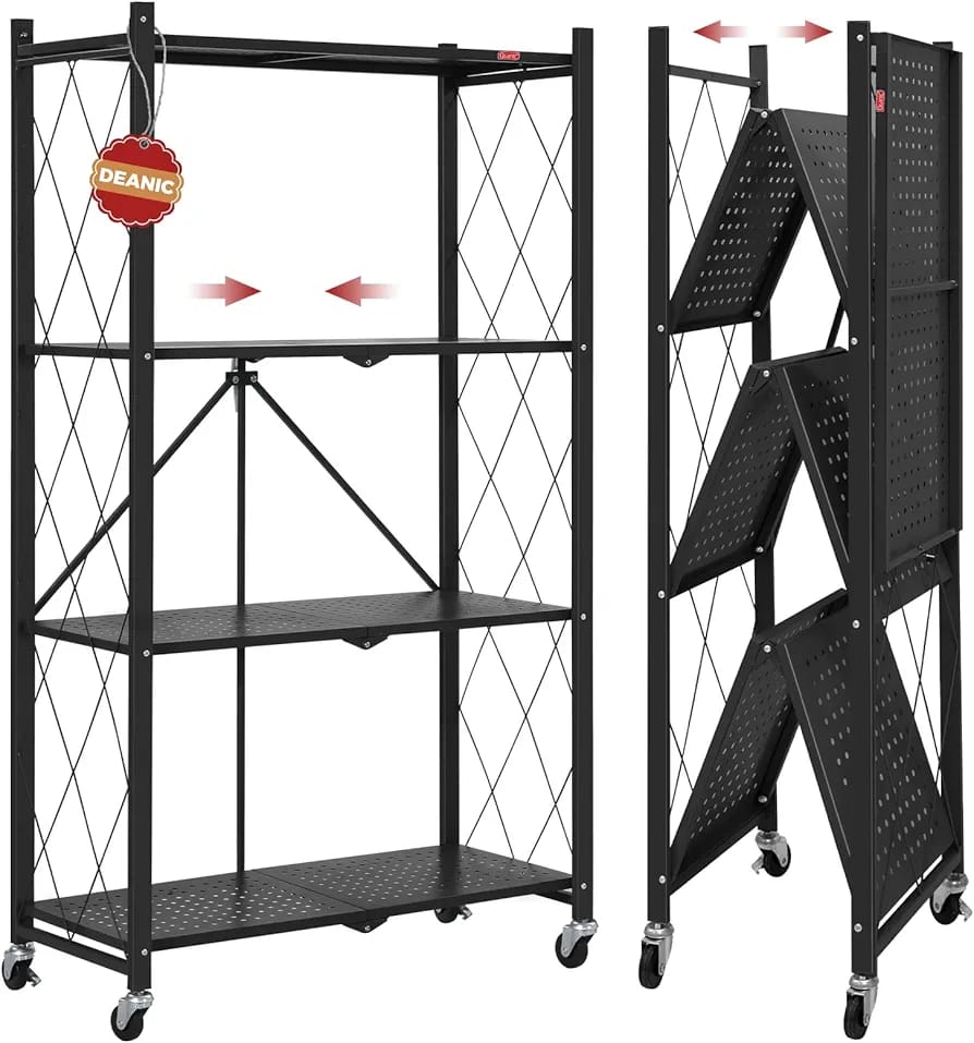 4-Tier Foldable Storage Rack with Wheels – Heavy Duty Metal Shelving Unit for Kitchen, Garage & Home Storage