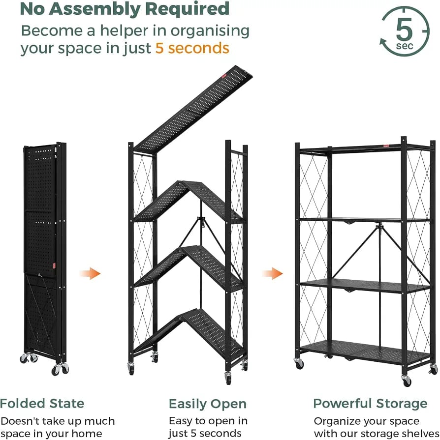 4-Tier Foldable Storage Rack with Wheels – Heavy Duty Metal Shelving Unit for Kitchen, Garage & Home Storage