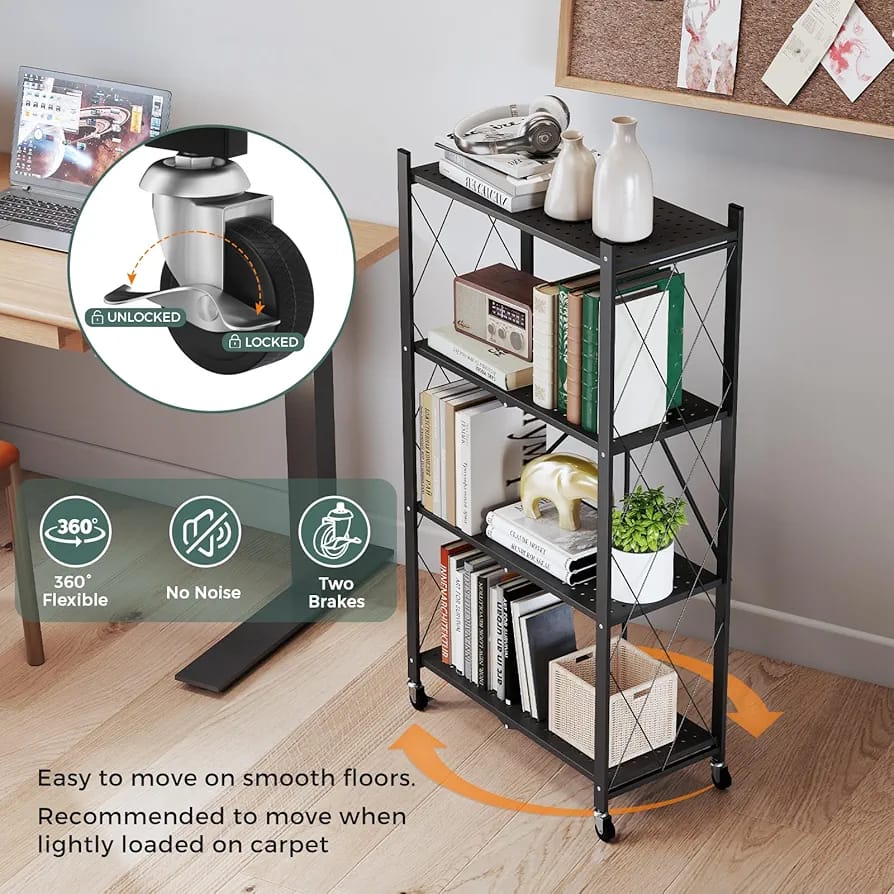 4-Tier Foldable Storage Rack with Wheels – Heavy Duty Metal Shelving Unit for Kitchen, Garage & Home Storage
